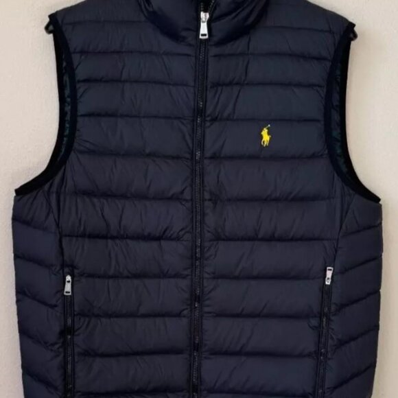 Polo Ralph Lauren Men's Packable Down Vest Black With Yellow Pony - Picture 1 of 4